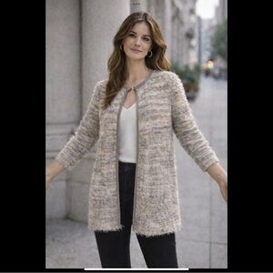 Calvin Klein Eyelash Knit Open Cardigan Faux Suede Trim Neutral Sweater